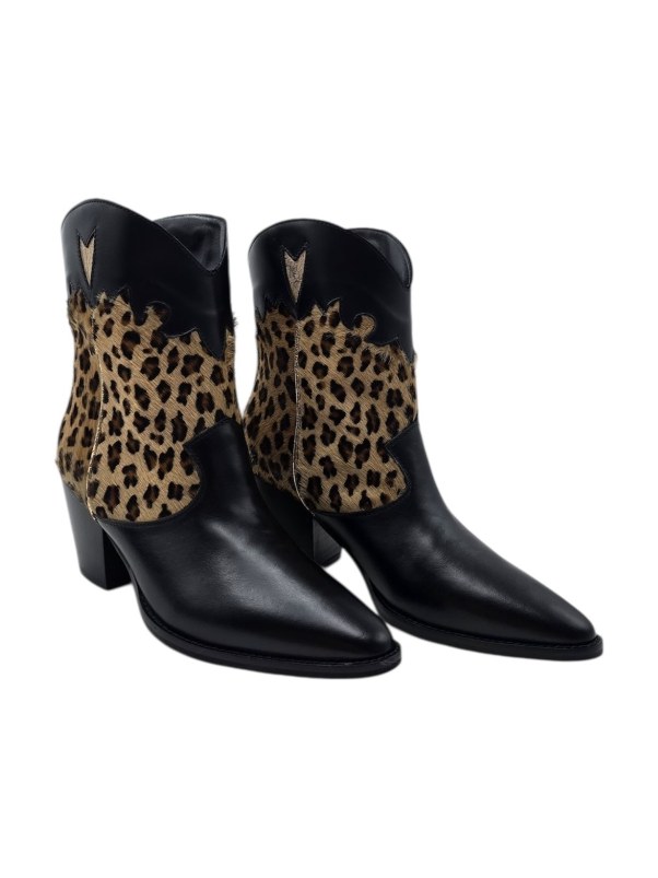 Kobra western ankle boot in black leather and leopard-print pony hair